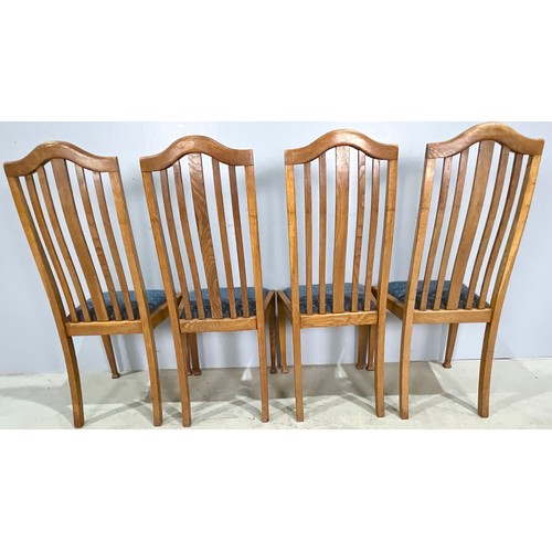 734 - SET OF FOUR MATCHING UPHOLSTERED LIGHT OAK SLAT BACK CHAIRS