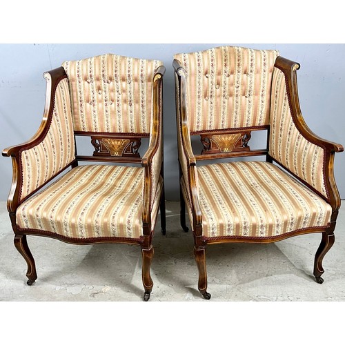 736 - A PAIR OF EDWARDIAN INLAID MAHOGANY AND SATINWOOD SALON UPHOLSTERED ARMCHAIRS