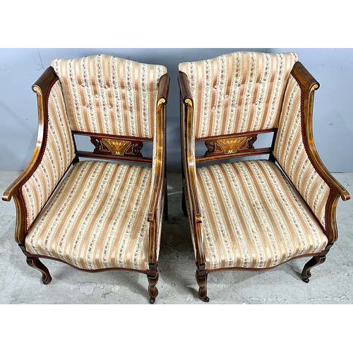 736 - A PAIR OF EDWARDIAN INLAID MAHOGANY AND SATINWOOD SALON UPHOLSTERED ARMCHAIRS