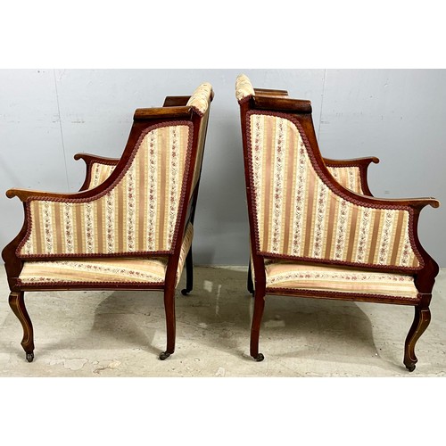 736 - A PAIR OF EDWARDIAN INLAID MAHOGANY AND SATINWOOD SALON UPHOLSTERED ARMCHAIRS