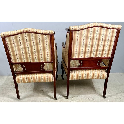 736 - A PAIR OF EDWARDIAN INLAID MAHOGANY AND SATINWOOD SALON UPHOLSTERED ARMCHAIRS