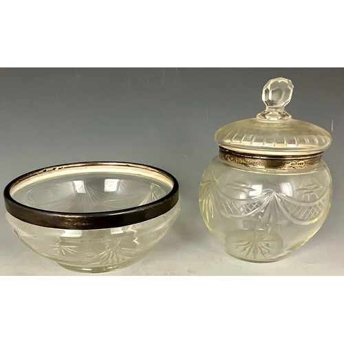 227 - CUT GLASS BISCUIT BARREL WITH SILVER RIM AND MATCHING BOWL ALSO HAVING A SILVER RIM