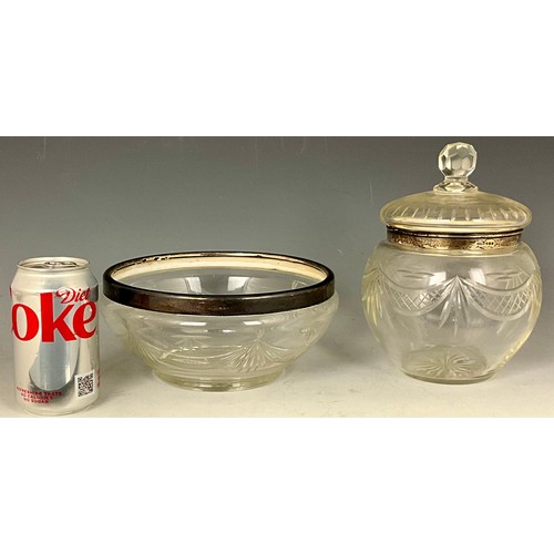 227 - CUT GLASS BISCUIT BARREL WITH SILVER RIM AND MATCHING BOWL ALSO HAVING A SILVER RIM