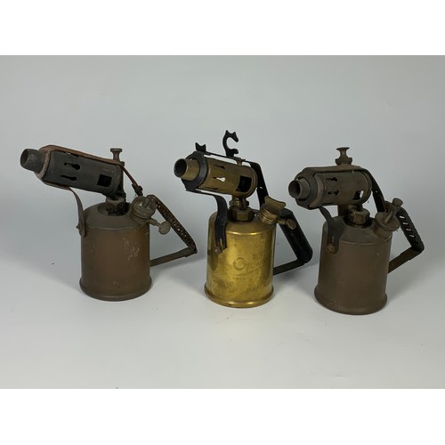 28 - THREE VINTAGE BRASS BLOW LAMPS