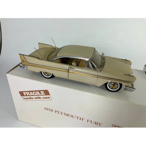 185 - DANBURY MINT, 2 BOXED LIMITED EDITION CLASSIC CAR MODELS, WITH CERTIFICATES, PLYMOUTH 1958 FURY HARD... 