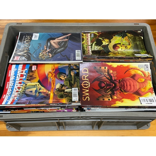 305 - LARGE GREY TRAY OF MARVEL COMICS, A GOOD VARIED SELECTION, INC. CAPT. AMERICA, S.W.O.R.D., IRON MAN,... 