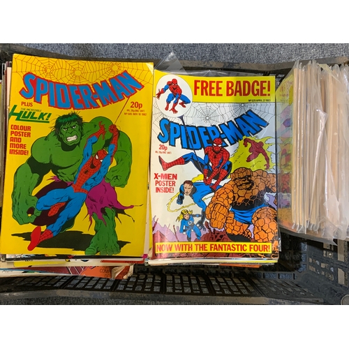 309 - LARGE TRAY OF UK COMICS, INC THE REAL GHOST BUSTERS, HULK, THUNDER CATS, SPIDER-MAN, MOSTLY C.1980’S