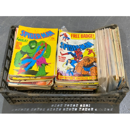 309 - LARGE TRAY OF UK COMICS, INC THE REAL GHOST BUSTERS, HULK, THUNDER CATS, SPIDER-MAN, MOSTLY C.1980’S