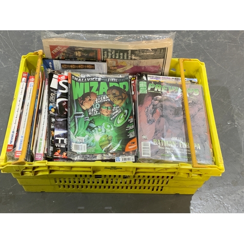 317 - LARGE YELLOW CRATE OF SCI-FI MAGAZINES, PREVIEW MAGAZINE PLUS FILM, SCI FI & WIZARD MAGAZINES.