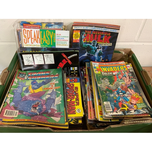 342 - TRAY OF BRITISH INDEPENDENT COMICS, TRANSFORMERS, INVADERS, SUPER SPIDER-MAN