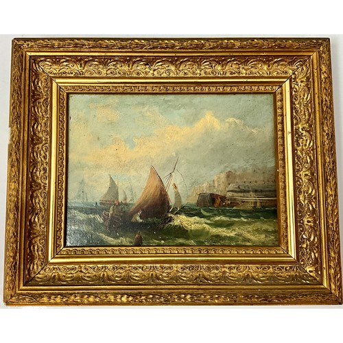 16 - PAIR OF SMALL 19TH CENTURY GILT FRAMED MARITIME OILS ON PANEL