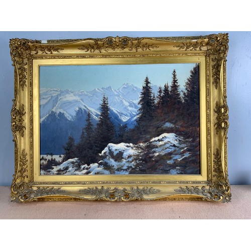 20 - OIL OF ALPINE MOUNTAIN SCENE  66cm x 46cm IN ORNATE GILT FRAME WITH ALPINE CLUB  SAVILE ROW EXHIBITI... 