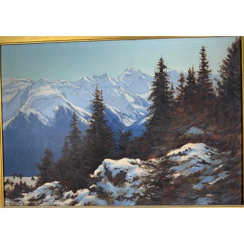 20 - OIL OF ALPINE MOUNTAIN SCENE  66cm x 46cm IN ORNATE GILT FRAME WITH ALPINE CLUB  SAVILE ROW EXHIBITI... 