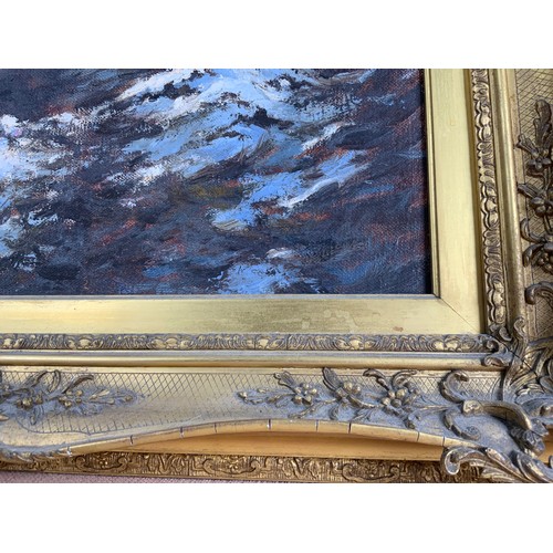 20 - OIL OF ALPINE MOUNTAIN SCENE  66cm x 46cm IN ORNATE GILT FRAME WITH ALPINE CLUB  SAVILE ROW EXHIBITI... 