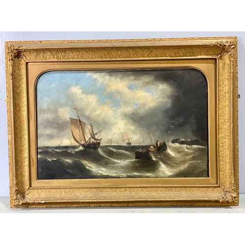 15 - LARGE OIL ON CANVAS DEPICTING BOATS IN A STORMY SEA, NO APPARENT SIGNATURE, APPROX. 82 X 53 cm, ORNA... 