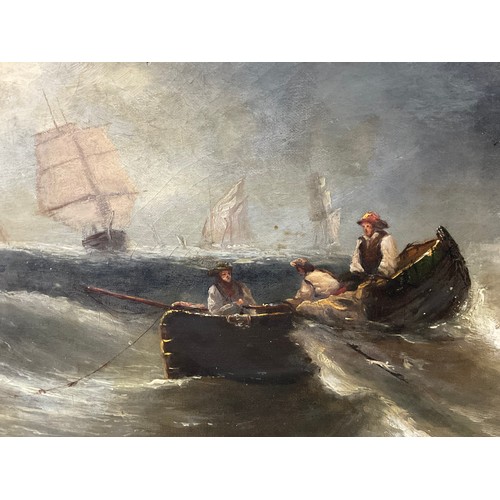 15 - LARGE OIL ON CANVAS DEPICTING BOATS IN A STORMY SEA, NO APPARENT SIGNATURE, APPROX. 82 X 53 cm, ORNA... 