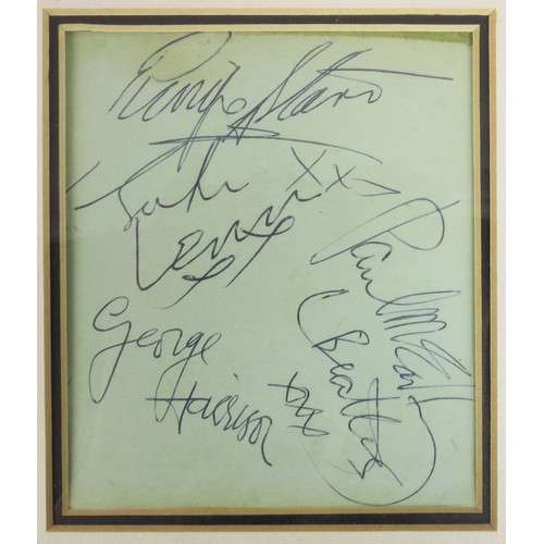 37 - THE BEATLES, A FULL SET OF GOOD UNDEDICATED SIGNATURES OF ALL 4 BAND MEMBERS MOUNTED AND FRAMED WITH... 