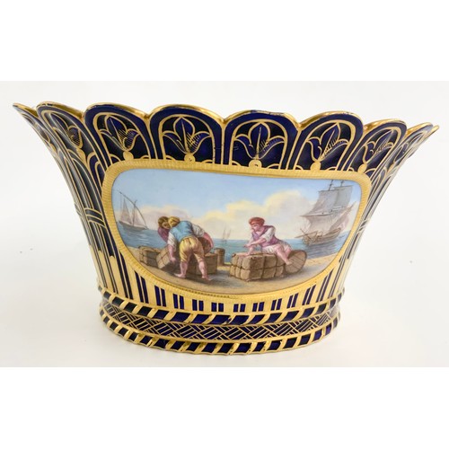 113 - PAIR OF CONTINENTAL BLUE AND GILT CACHE POTS, EACH HAVING A PAINTED PANEL DEPICTING A MARITIME SCENE... 