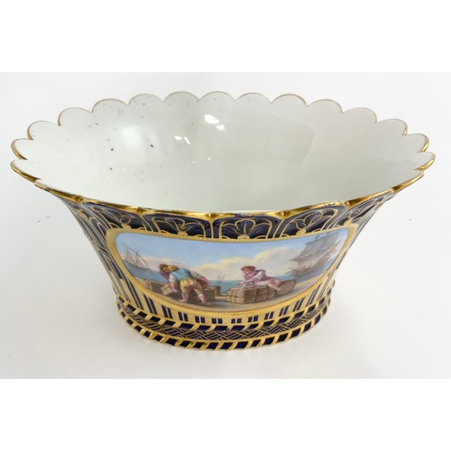 113 - PAIR OF CONTINENTAL BLUE AND GILT CACHE POTS, EACH HAVING A PAINTED PANEL DEPICTING A MARITIME SCENE... 