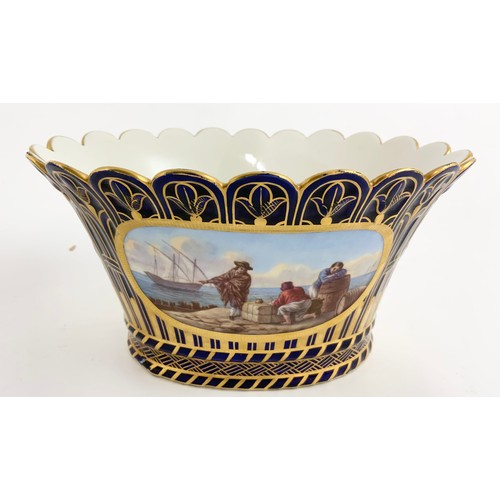 113 - PAIR OF CONTINENTAL BLUE AND GILT CACHE POTS, EACH HAVING A PAINTED PANEL DEPICTING A MARITIME SCENE... 