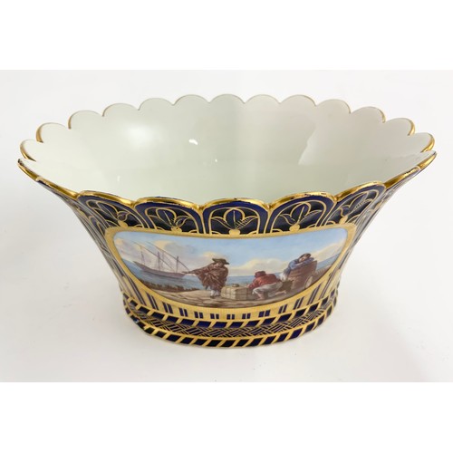 113 - PAIR OF CONTINENTAL BLUE AND GILT CACHE POTS, EACH HAVING A PAINTED PANEL DEPICTING A MARITIME SCENE... 