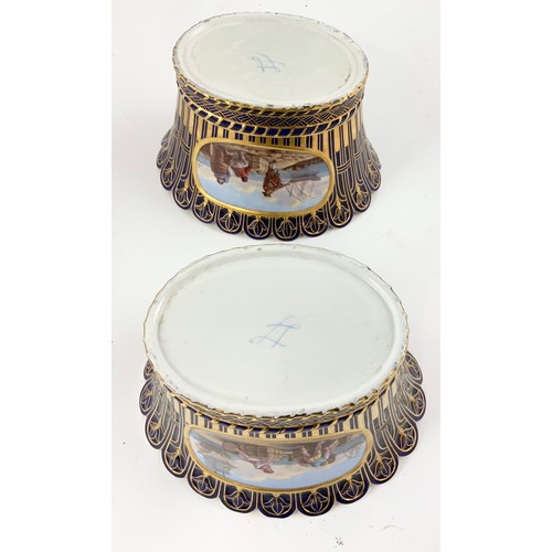 113 - PAIR OF CONTINENTAL BLUE AND GILT CACHE POTS, EACH HAVING A PAINTED PANEL DEPICTING A MARITIME SCENE... 