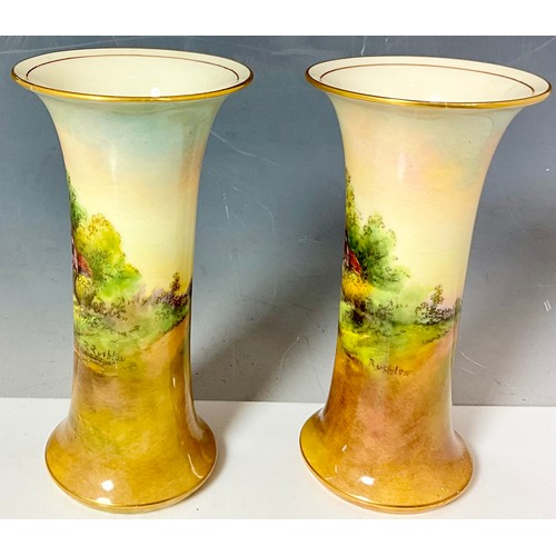 82 - PAIR OF ROYAL WORCESTER SPILL VASES, EACH PAINTED WITH A VILLAGE SCENE ELMLEY