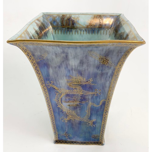 102 - WEDGEWOOD DRAGON LUSTRE SQUARE SECTION VASE, PROBABLY DAISY MAKEIG-JONES 19cm TALL