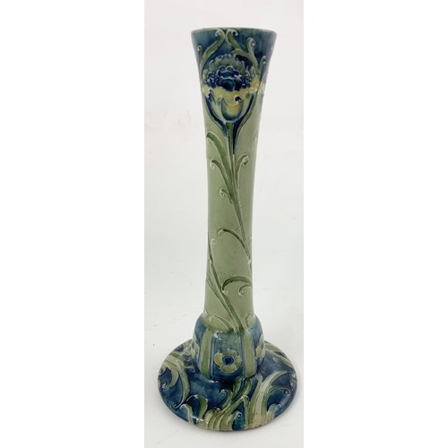 46 - WILLIAM MOORCROFT FOR LIBERTY AND CO SINGLE CANDLE STICK DECORATED WITH TUBE LINED STYLISED POPPIES ... 