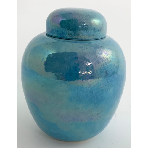 100 - A MOTTLED TURQUOISE LUSTRE RUSKIN GINGER JAR & COVER 9.5cm TALL DATED 1922