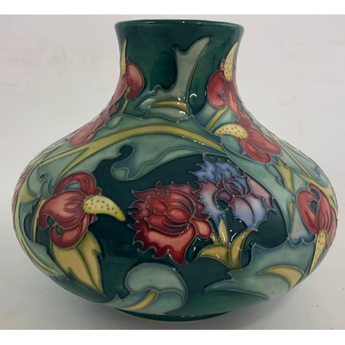 53 - LARGE MOORCROFT POTTERY   RACHEL BISHOP LEICESTER PATTERN ON GREEN GROUND SQUAT VASE  17cm TALL