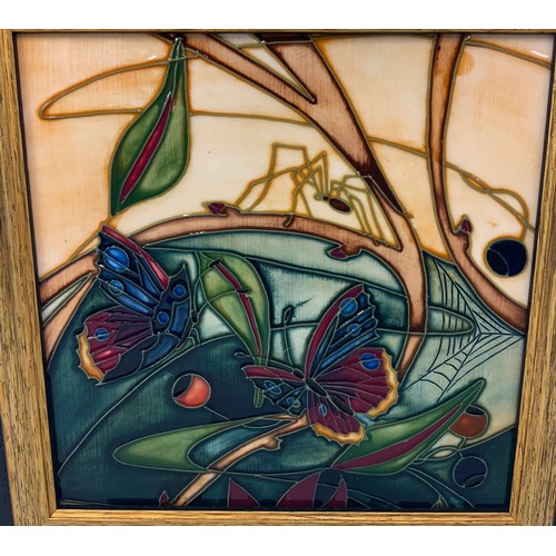 73 - MOORCROFT EMMA BOSSONS FRAMED TILE WITH SPIDER PATTERN DECORATION 2Ocm x 20cm