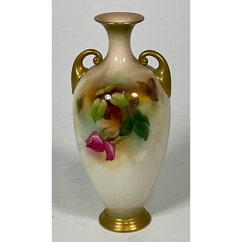 85 - ROYAL WORCESTER URN SHAPED VASE, HAND PAINTED WITH ROSES