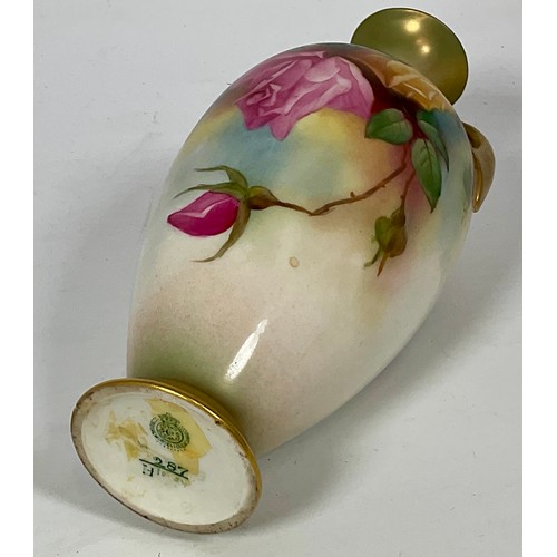 85 - ROYAL WORCESTER URN SHAPED VASE, HAND PAINTED WITH ROSES