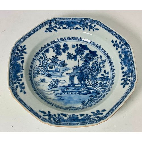 123 - ORIENTAL BLUE AND WHITE DISH WITH FIGURE, BLOSSOM AND BRIDGE DECORATION, APPROX. 16 cm dia. AND ONE ... 