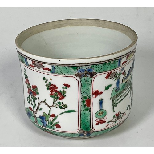 128 - CHINESE FAMILLE VERT CYLINDRICAL POT/ VASE, APPROX. 10.5 cm dia, 8.5 cm tall