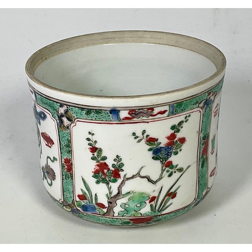 128 - CHINESE FAMILLE VERT CYLINDRICAL POT/ VASE, APPROX. 10.5 cm dia, 8.5 cm tall