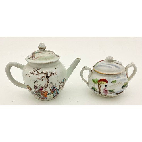 125 - ORIENTAL CHINA – TWO RICE BOWLS ON A HARDWOOD STAND WITH TEAPOT AND SUGAR BOWL