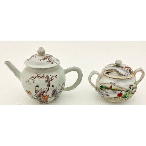 125 - ORIENTAL CHINA – TWO RICE BOWLS ON A HARDWOOD STAND WITH TEAPOT AND SUGAR BOWL