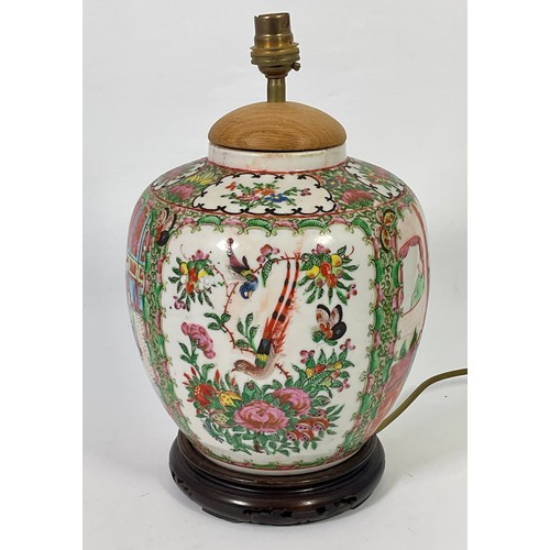 129 - ORIENTAL VASE OF BALUSTER SHAPE CONVERTED TO LAMP,  PANELS DECORATED WITH COURT SCENES , EXOTIC BIRD... 