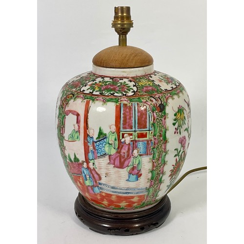 129 - ORIENTAL VASE OF BALUSTER SHAPE CONVERTED TO LAMP,  PANELS DECORATED WITH COURT SCENES , EXOTIC BIRD... 