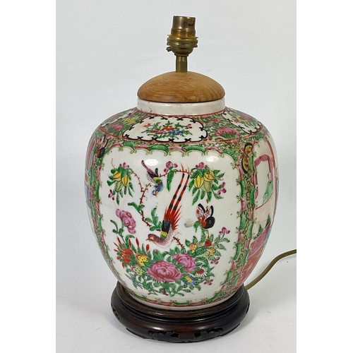 129 - ORIENTAL VASE OF BALUSTER SHAPE CONVERTED TO LAMP,  PANELS DECORATED WITH COURT SCENES , EXOTIC BIRD... 