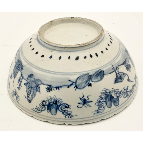 124 - ORIENTAL BOWL WITH BLUE AND WHITE DECORATION, approx. 19 cm dia. (Hairline cracks)