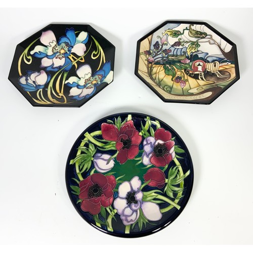 59 - 3 MOORCROFT PLATES - QUEENIES VAN (OCTAGONAL) AND ANEMONE/ NIGHT TIME SERENADE (OCTAGONAL)