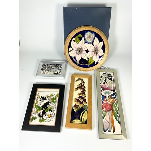 76 - 5 MOORCROFT BOXED FRAMED PLAQUES INCLUDING ROUND ' SOPHIE CHRISTA , MR COAL, FAIRIES FOXGLOVE, DAISY... 