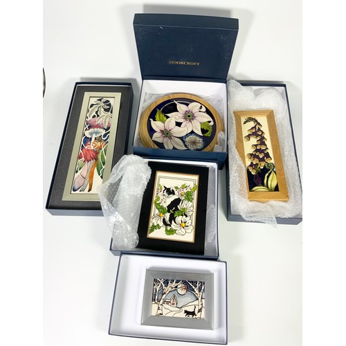 76 - 5 MOORCROFT BOXED FRAMED PLAQUES INCLUDING ROUND ' SOPHIE CHRISTA , MR COAL, FAIRIES FOXGLOVE, DAISY... 