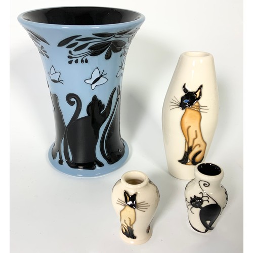 68 - COLLECTION OF MOORCROFT PIECES DEPICTING CATS INCLUDING 'LUCKY BLACK CAT' VASE CAT OF SIAM PIN TRAY/... 