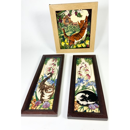 77 - 3 MOORCROFT FRAMED PANELS- CAT NAP, CAT AND FOXGLOVE, JOCK V1 DESIGNS