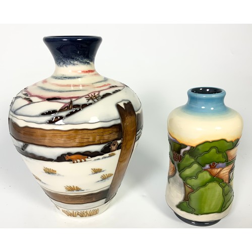 69 - MOORCROFT POTTERY WHO GOES THERE 18cm TALL WITH A POTTERS HOME  VASE 14cm TALL