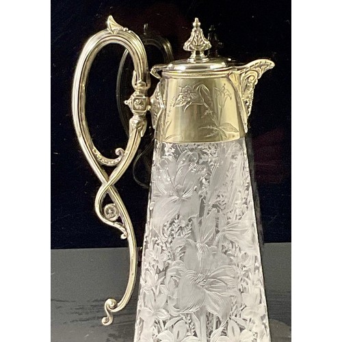 133 - VERY PROFUSELY ETCHED CLARET JUG WITH SILVER PLATED MOUNT